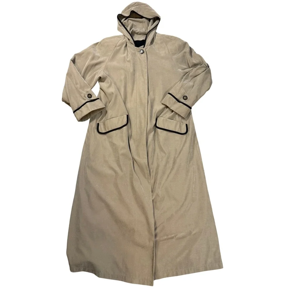 Vintage Tan Hooded Duster Coat Black‎ Piping Maxi Trench Dark Academia Size 10